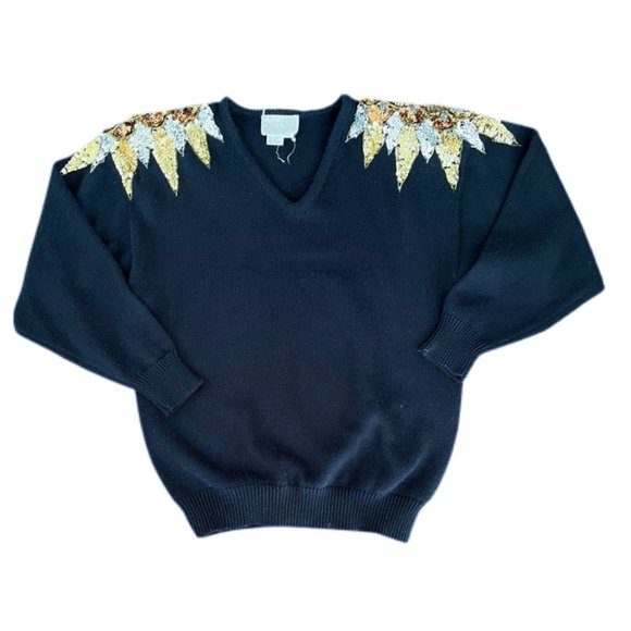 Vintage Black V-Neck Sweater with Sequin Shoulders | Size Medium - Picture 3 of 6